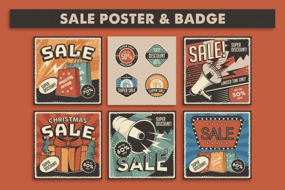 Download Retro Sale Discount Poster and Badge - Poster Collection